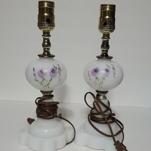 Vintage Hand Painted Boudoir White Milk Glass Table Lamps~Pair